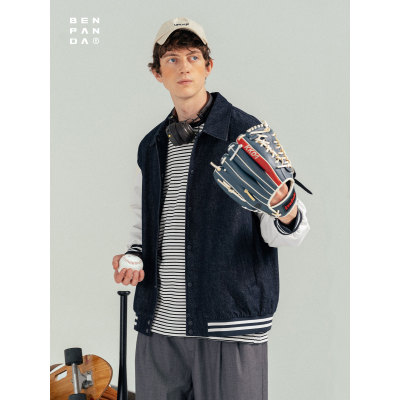 New autumn washed denim patchwork baseball jacket with trendy lapels for men