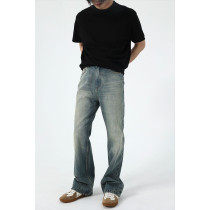 Retro Mud Dyed Wash Blue Vintage Slightly Loose Straight Tube Micro Ragged Jeans Pants