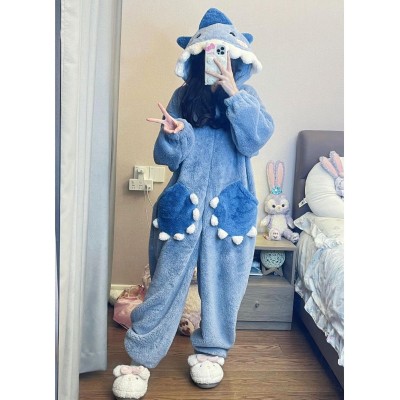 Cute Shark Hooded Coral Fleece Pajamas for Women's Winter 2023 New Plush Thickened and Warm Bodysuit