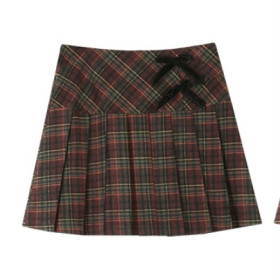 Pleated skirt women's autumn and winter velvet lace-up bow A-line tweed skirt