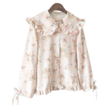 Floral shirt drawstring sleeves wooden ear edge large lapel doll shirt chiffon