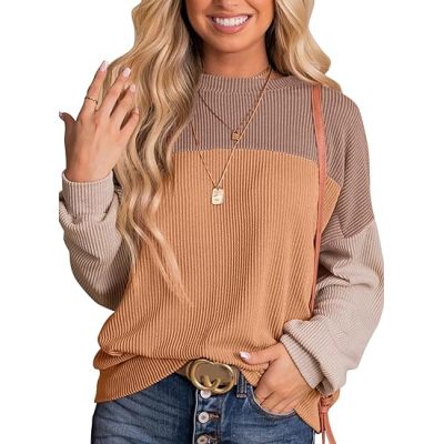 Womens Fashion 2023 Color Block Long Sleeve Crewneck Knitted Pullover Sweatshirt Tops