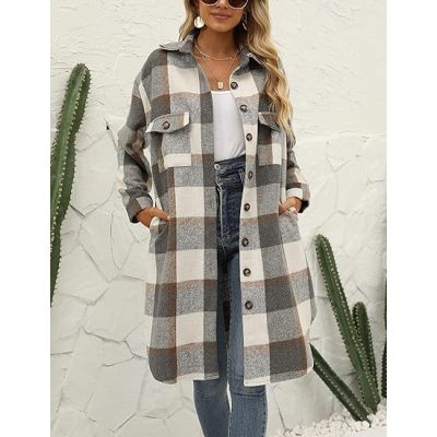 Women's Long Plaid Shirt Jacket Shacket Lapel Button Down Woolen Blend Casual Tartan Over Shirt Trench Coat