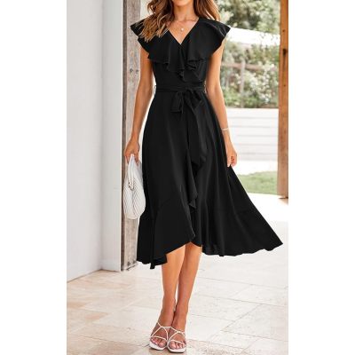 Women's 2023 Summer Wrap Maxi Dress Casual Boho Deep V Neck Short Sleeve Ruffle Hem Split Beach Long Dresses