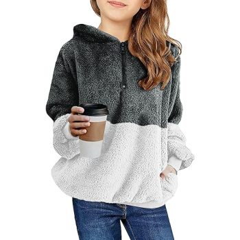 Girls Fuzzy Fleece Pullover Hoodies Sweatshirt Casual Loose Outwear Coat with Pockets 4-15 Years