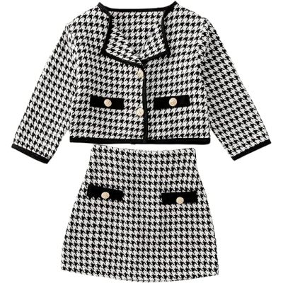 Girl's 2 Piece Houndstooth Button Front Long Sleeve Round Neck Jacket and Skirt Outfits Set