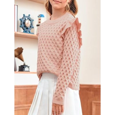 Girls Ruffle Knit Sweaters Kids Fashion Crewneck Jumper Pullover Tops 5-14 Years2023