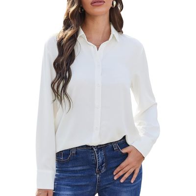 SPRING SEAON Women's Button Down Shirts Causal Collared Blouses Work Office Long Sleeve Chiffon Blouse for Ladies
