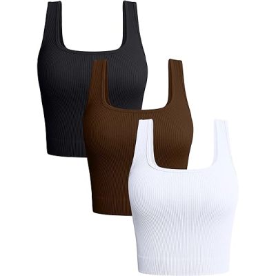 OQQ Women's 3 Piece Tank Tops Ribbed Seamless Workout Exercise Shirts Yoga Crop Tops