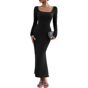 PRETTYGARDEN Women's 2023 Fall Maxi Bodycon Dress Long Sleeve Square Neck Long Fitted Mermaid Dresses