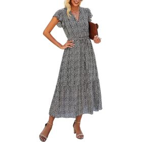 BTFBM Women Summer Bohemian Floral Casual Wrap V Neck Ruffle Cap Sleeveless Belt A-Line Pleated Hem Swing Midi Sun Dress