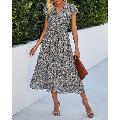 BTFBM Women Summer Bohemian Floral Casual Wrap V Neck Ruffle Cap Sleeveless Belt A-Line Pleated Hem Swing Midi Sun Dress
