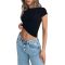 Women Y2k Short Sleeve Crop Tops Round Neck Solid Slim Fit Tee Shirt Casual Workout Yoga Cropped Shirt Top