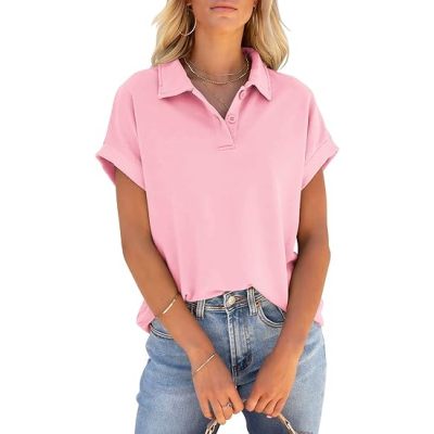 PGANDS Women's Short Sleeve Polo Shirts Summer Collared Button Down Top Casual V Neck Loose Fit T Shirt