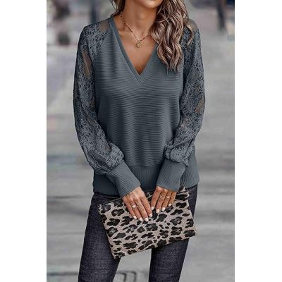 Trendy Queen Womens V Neck Puff Lace Long Sleeve Crochet Hollow Out Long Sleeve Shirts Sexy Casual Tunic Tops Loose Blouses