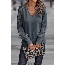 Trendy Queen Womens V Neck Puff Lace Long Sleeve Crochet Hollow Out Long Sleeve Shirts Sexy Casual Tunic Tops Loose Blouses