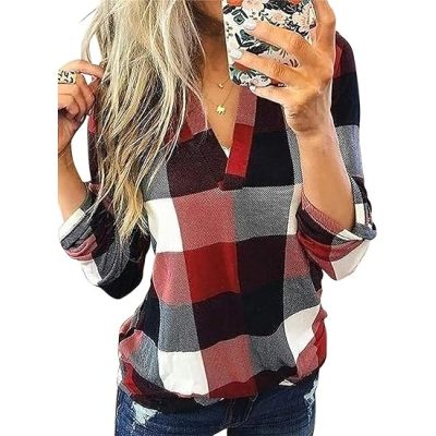 Dokotoo Womens Basic Casual V Neck Plaid Print Cotton Cuffed Long Sleeve Work Tops Blouses Shirts S-5XL