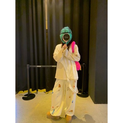 Relaxed walk daily children‘s fun print drawstring straight casual two-wear fleece sweatpants