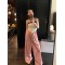 Pink wide-leg trousers women‘s summer thin mopping trousers floral casual trousers long/shorts