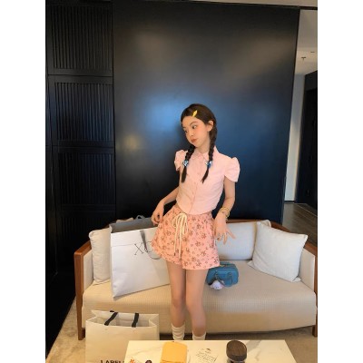 Pink wide-leg trousers women‘s summer thin mopping trousers floral casual trousers long/shorts