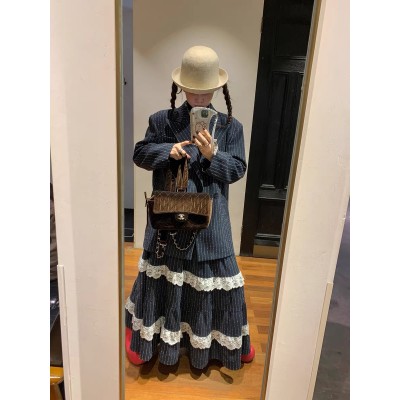 Tokyo Japanese aesthetic vertical striped texture suit lace stitched skirt set