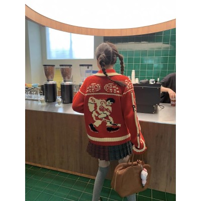 Unlock the festive atmosphere red athlete jacquard knitted sweater jacket in advance
