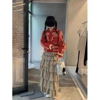 Unlock the festive atmosphere red athlete jacquard knitted sweater jacket in advance