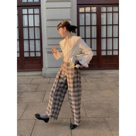 Autumn London versatile fur-trimmed mid-stitched worsted wool plaid straight casual trousers