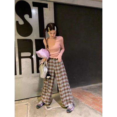 Autumn London versatile fur-trimmed mid-stitched worsted wool plaid straight casual trousers