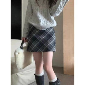 高腰格子毛呢半身裙女