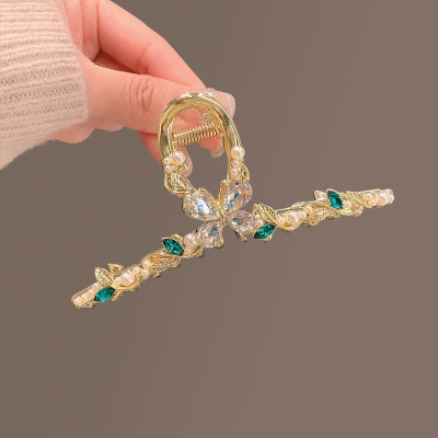 Grab clip large-sized high-end metal hair volume, butterfly pearl retro shark clip, beautiful gemstone hair clip design