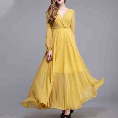 2023 Spring Summer New look fashion long sleeve women yellow elegant maxi dress