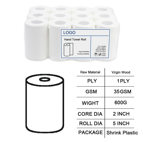 Simple Packaging 12 Roll White Hand Paper Towel Roll 1Ply 10 Inch 12 X 80m 35GSM Commercial Hand Paper Towel