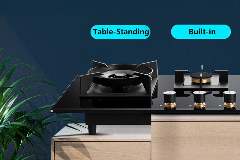 Built-in and freestanding installation options for flexible gas hob applications in different kitchen settings.