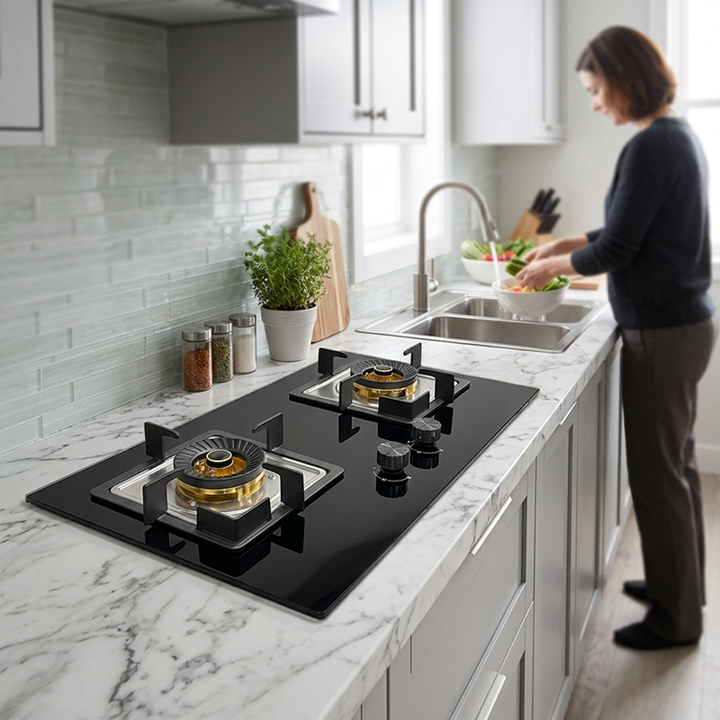 OEM built-in gas hob installed in a modern marble countertop kitchen