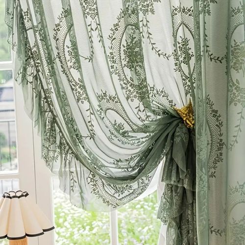 Vintage Green Floral Embroidery Sheer Curtain Lace Voile Drapery Home Decor