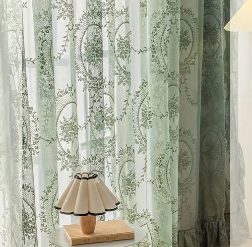 Vintage Green Floral Embroidery Sheer Curtain Lace Voile Drapery Home Decor