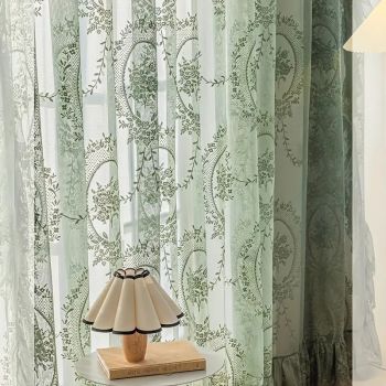 Vintage Green Floral Embroidery Sheer Curtain Lace Voile Drapery Home Decor