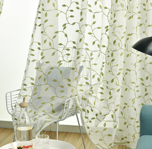 Green Leaves Embroidery Sheer Curtain Voile Drapery for Living Room