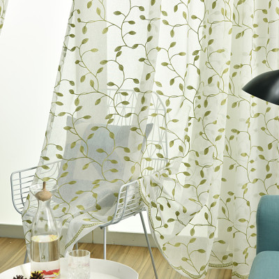 Green Leaves Embroidery Sheer Curtain Voile Drapery for Living Room