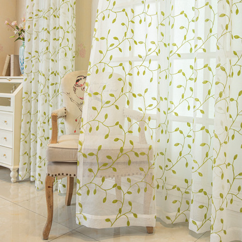 Green Leaves Embroidery Sheer Curtain Voile Drapery for Living Room