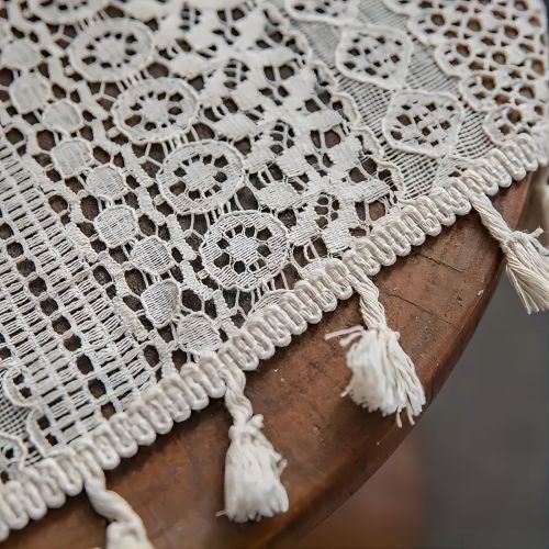 Ivory Hollow Lace Curtain with Tassels | Country Style Light-filtering Curtain for Living Room | Wholesale