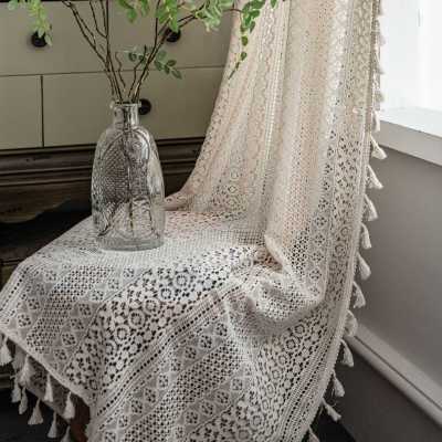 Ivory Hollow Lace Curtain with Tassels | Country Style Light-filtering Curtain for Living Room