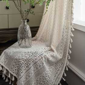 Ivory Hollow Lace Curtain with Tassels | Country Style Light-filtering Curtain for Living Room | Wholesale