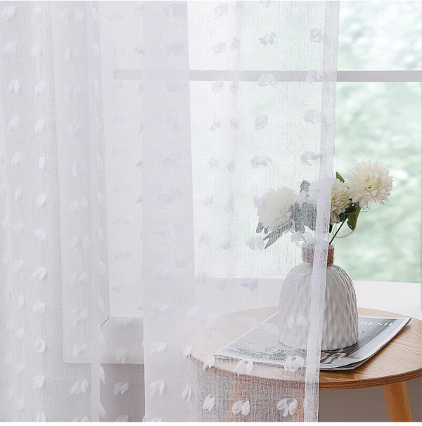 White Sheer Curtains for Living Room Bedroom | Boho Drapes Pom Pom Curtains Tufted Semi Sheer | Customizable Colors