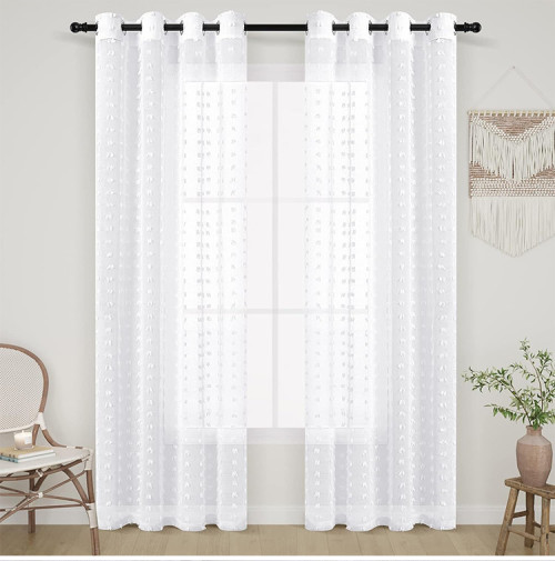 White Sheer Curtains for Living Room Bedroom | Boho Drapes Pom Pom Curtains Tufted Semi Sheer | Customizable Colors