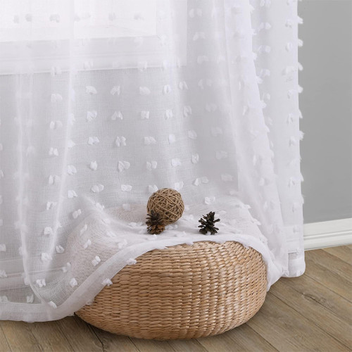 White Sheer Curtains for Living Room & Bedroom | Sheer Drapes with Tufted Pom Pom