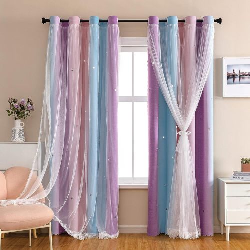 Rainbow Ombre Star Cutouts Blackout Curtains for Girls Bedroom Children's Room | Customizable Colors