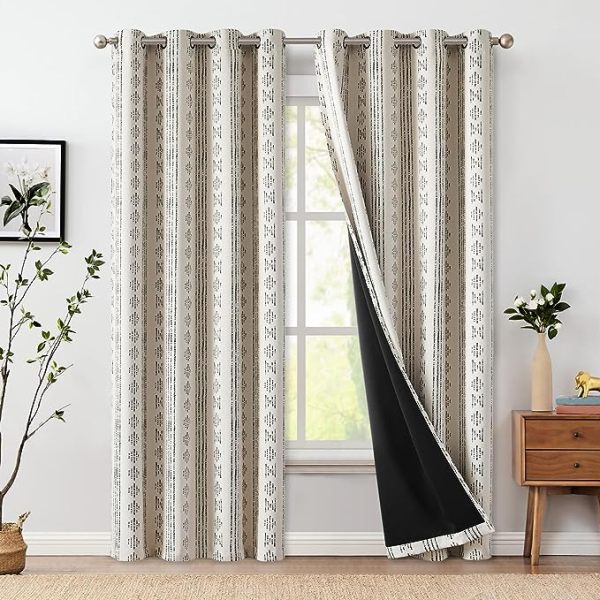 100% Blackout Curtains for Bedroom | Boho Style Geometric Printed Room Darkening Drapes