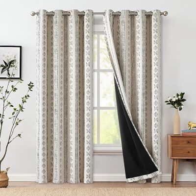 100% Blackout Curtains for Bedroom | Boho Style Geometric Printed Room Darkening Drapes